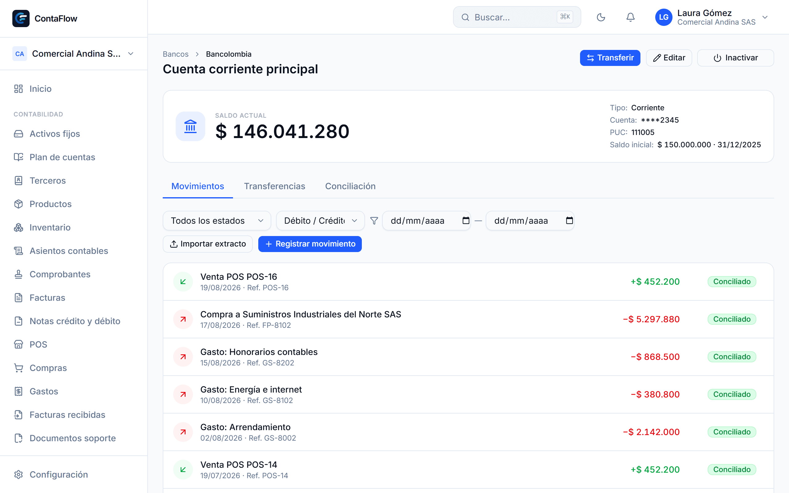 Pantalla de Caja, bancos y conciliación en ContaFlow