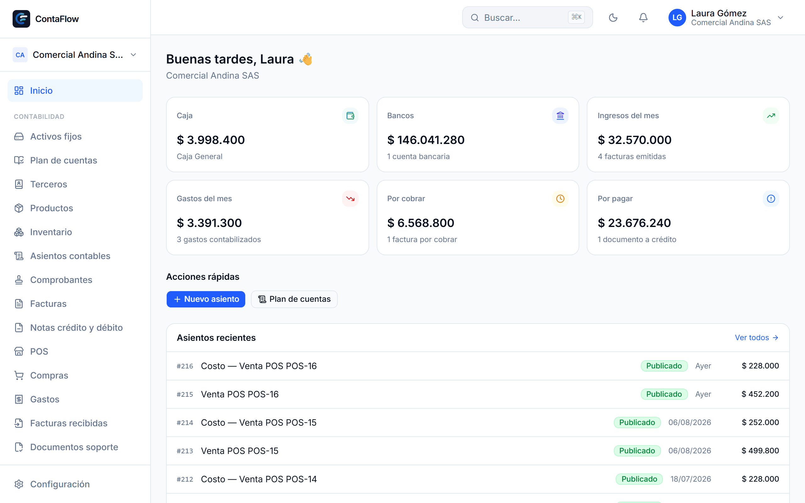 Tablero de ContaFlow con caja, bancos, ingresos, gastos, cartera y asientos recientes