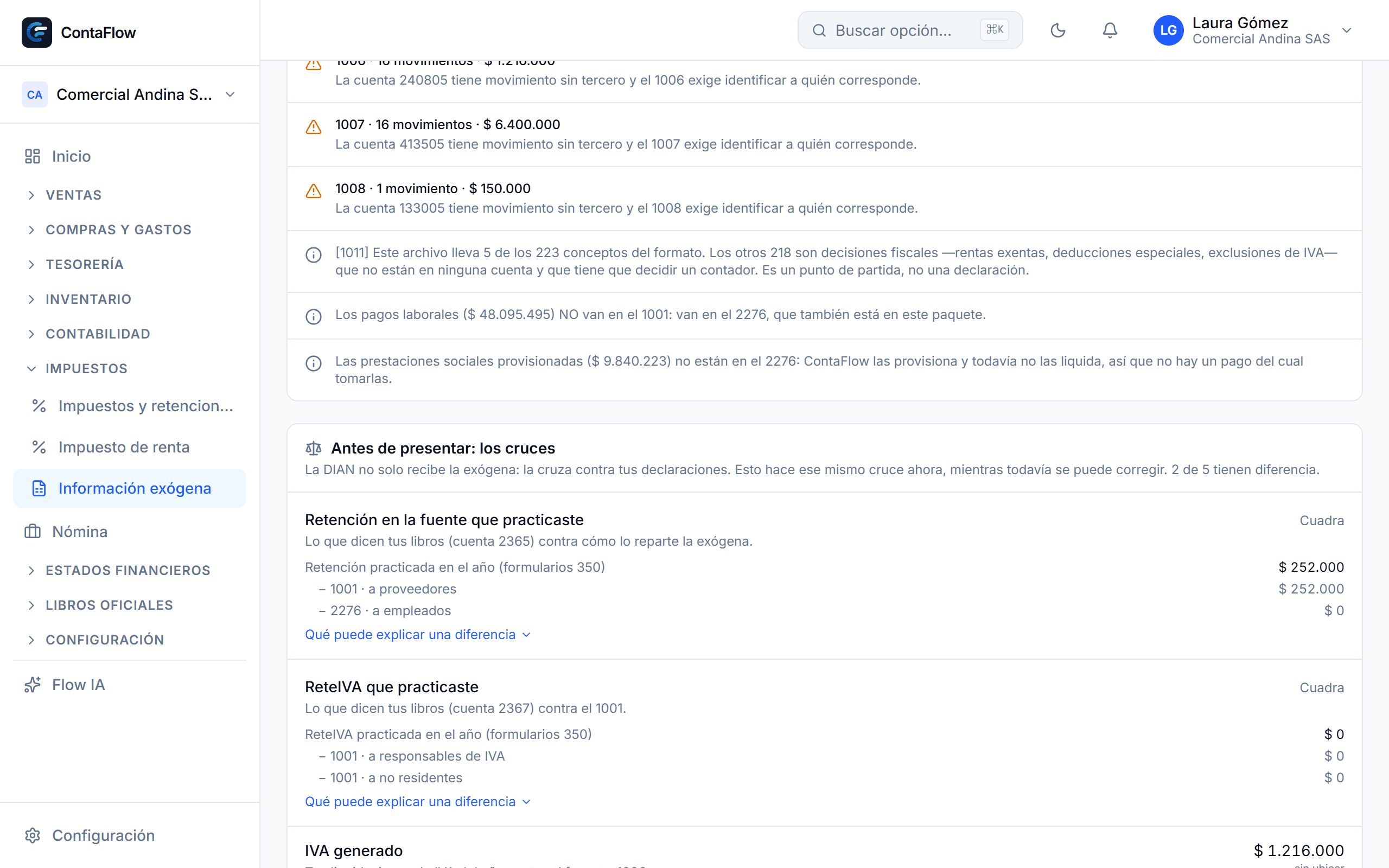 Panel de cruces de exógena de ContaFlow comparando lo que se va a informar contra las declaraciones ya presentadas
