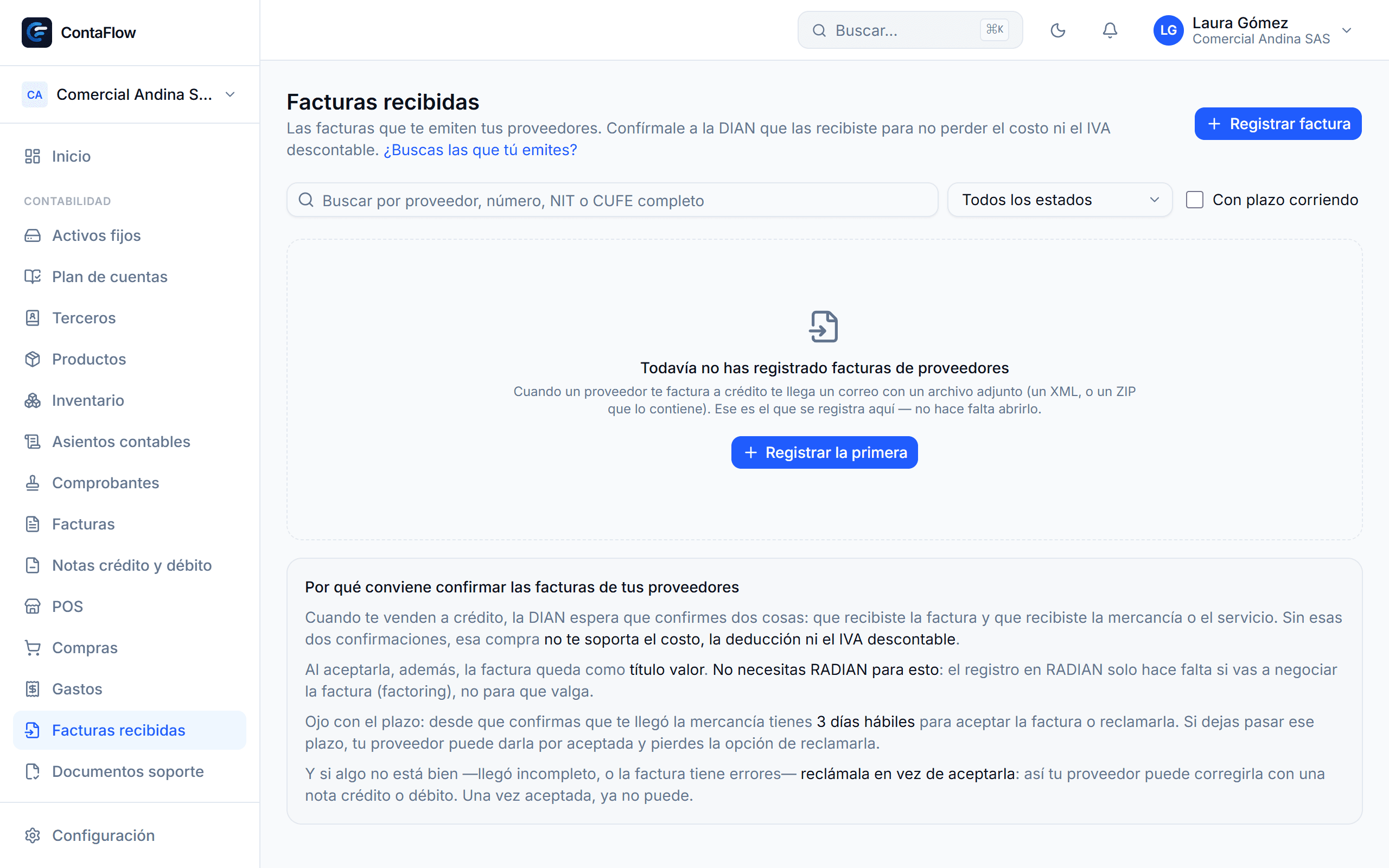 Pantalla de Recepción de facturas (RADIAN) en ContaFlow