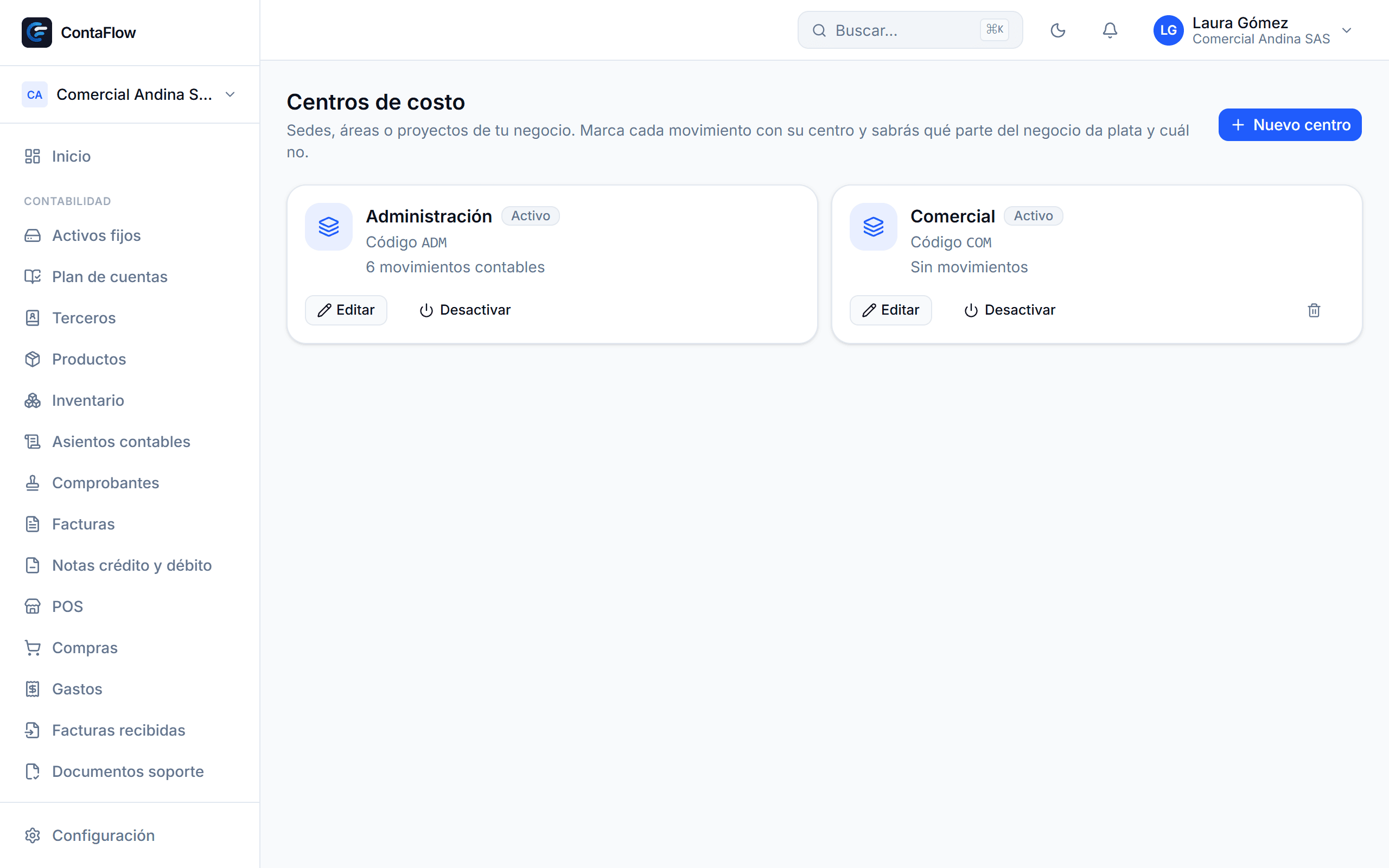 Pantalla de Centros de costo en ContaFlow