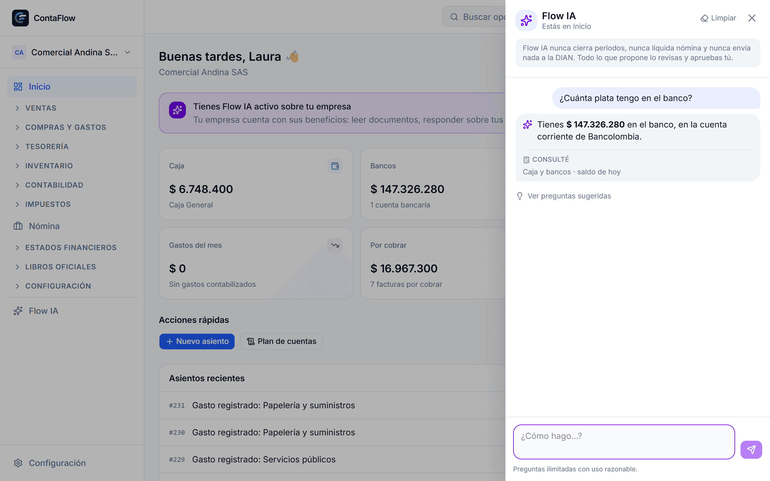 El chat de Flow IA abierto en ContaFlow respondiendo cuánta plata hay en el banco, con la fuente de la cifra visible