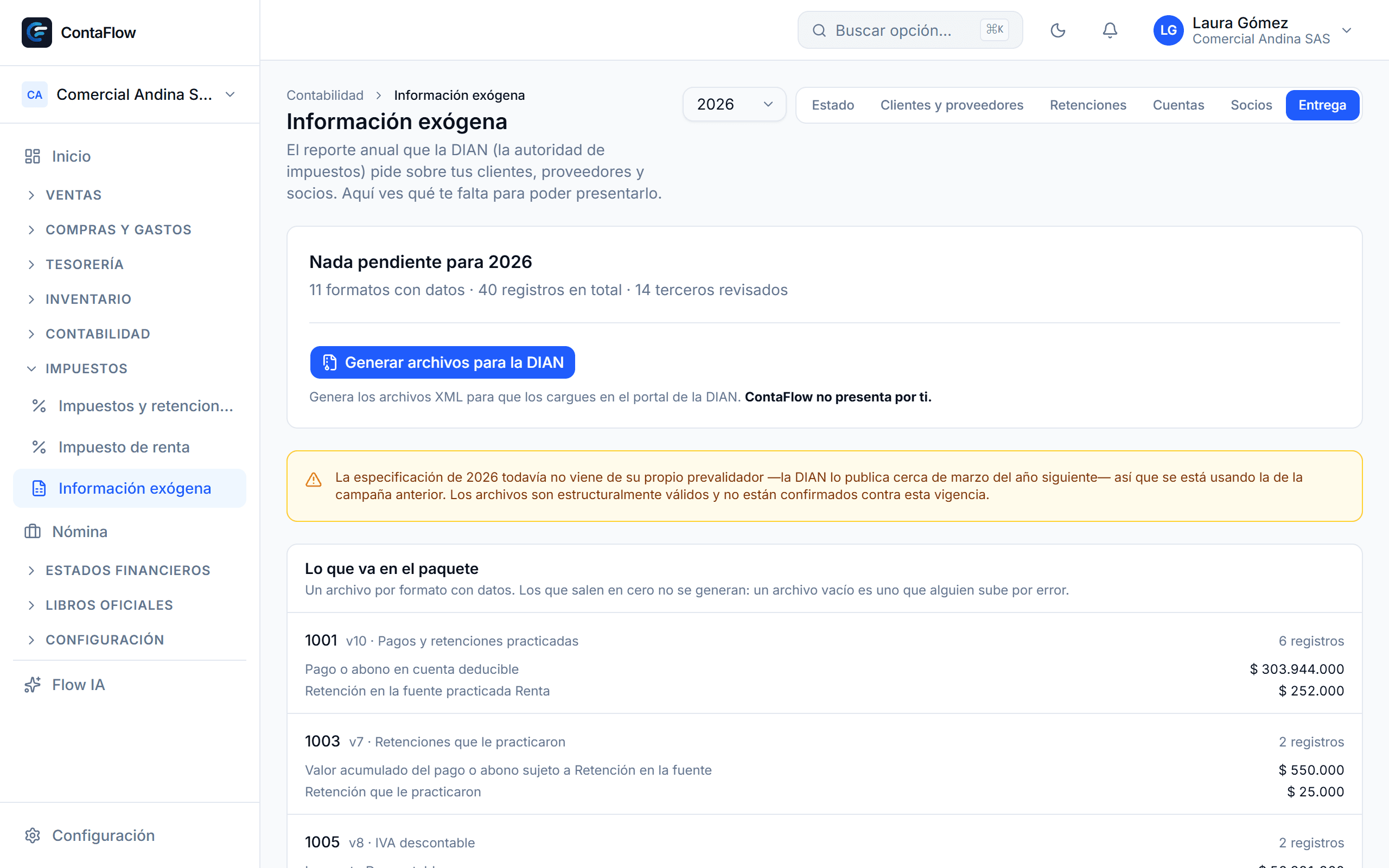 Pantalla de Información exógena DIAN en ContaFlow