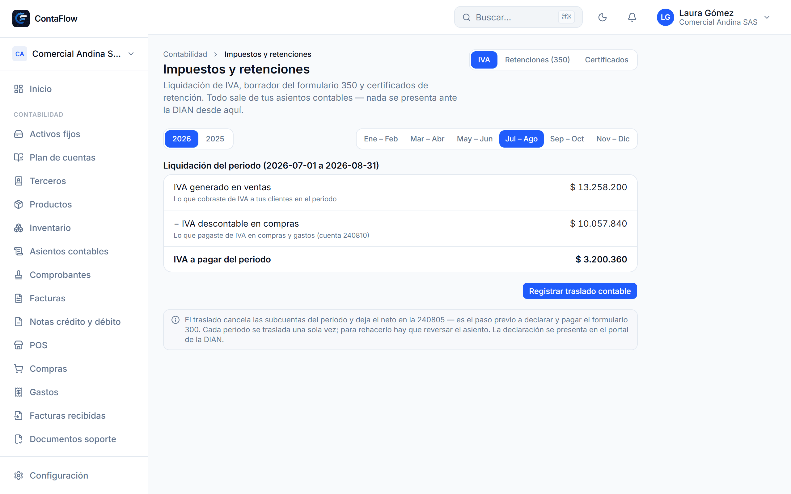 Pantalla de Impuestos: IVA, retenciones e ICA en ContaFlow