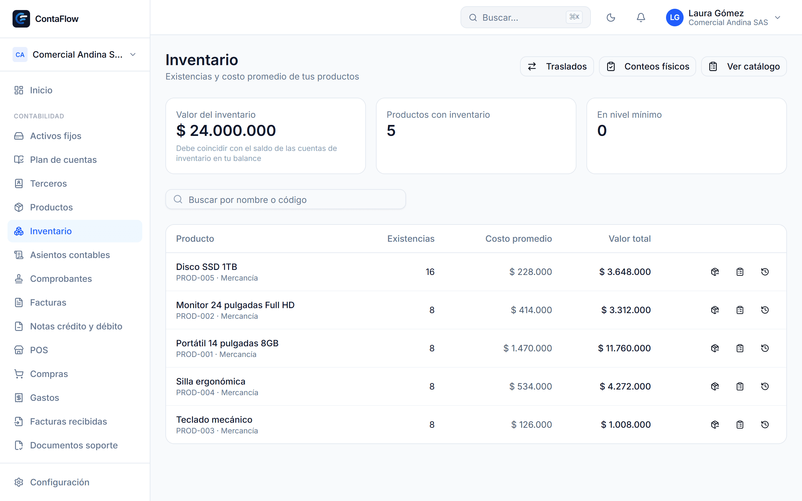 Pantalla de Inventarios y bodegas en ContaFlow